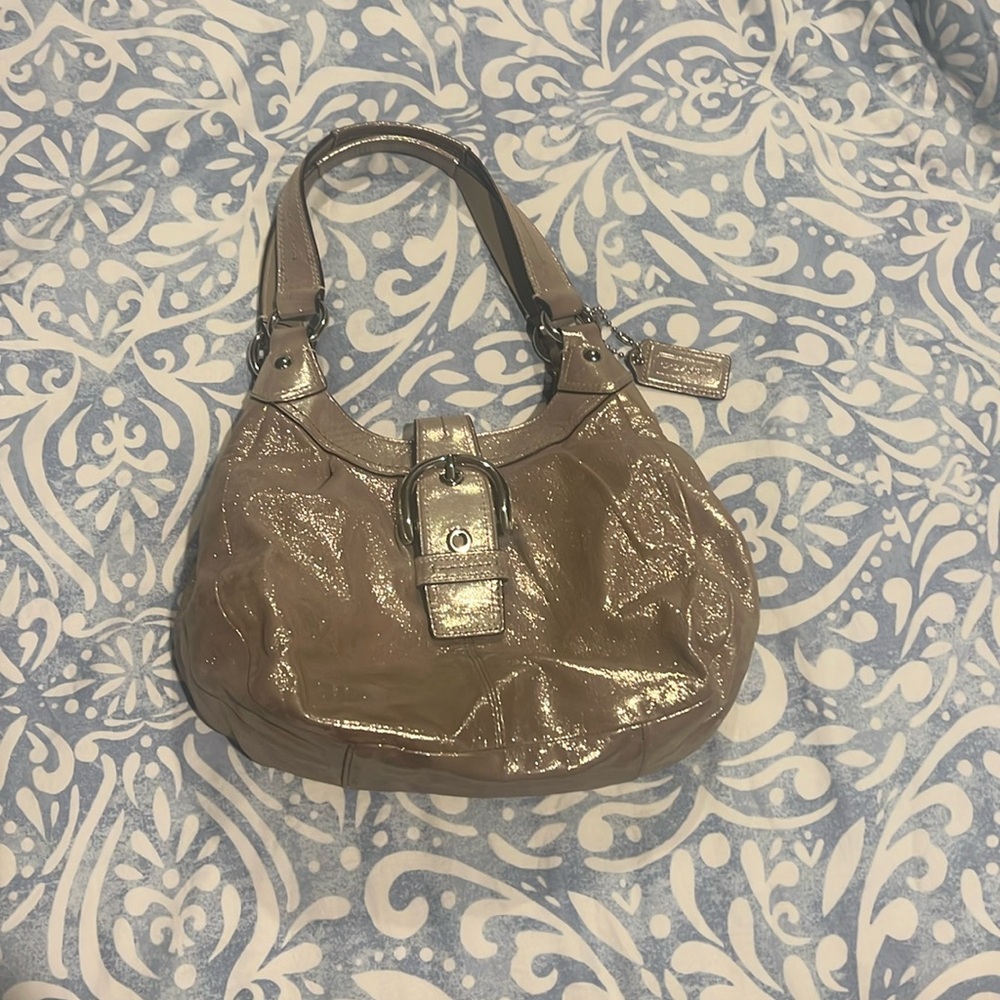 Silver Metallic Coach Hobo bag, 3 compartments, buckle detail.